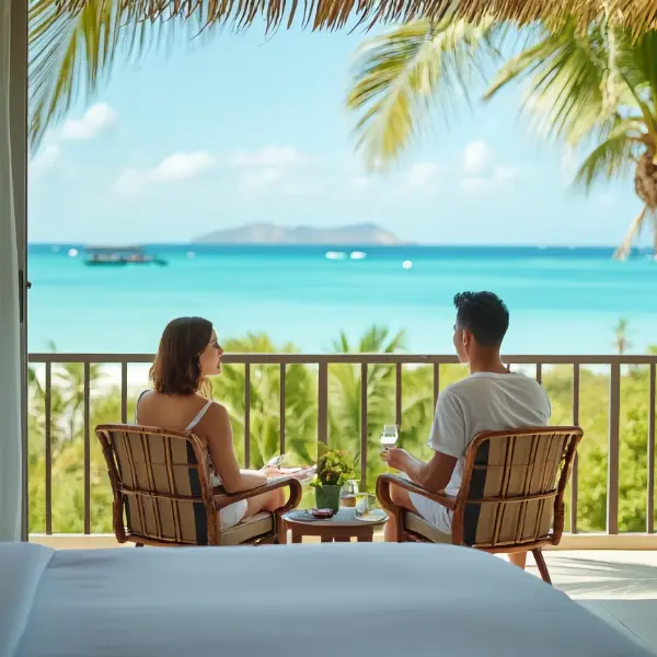 Couple Overlooking the Ocean from their Hotel Room